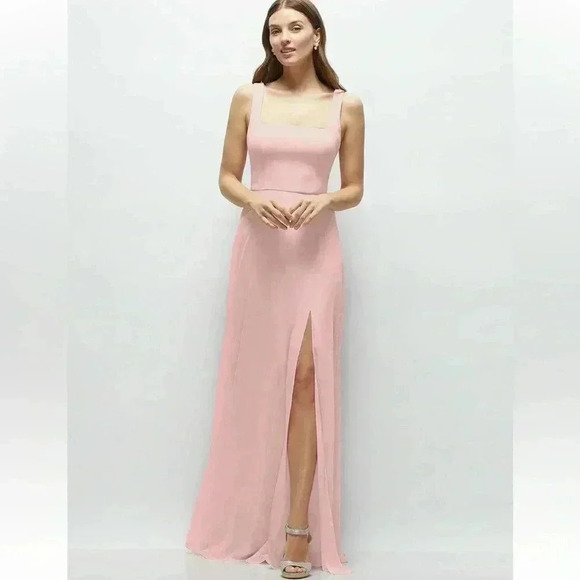 SQUARE NECK CHIFFON MAXI DRESS WITH CIRCLE SKIRT IN ROSE - PANTONE ROSE  QUARTZ - Picture 1 of 12